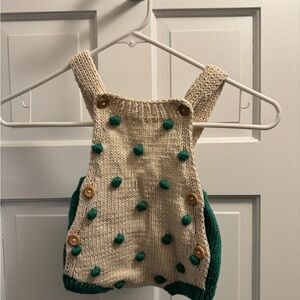 Hand Knit Cream and Green baby romper